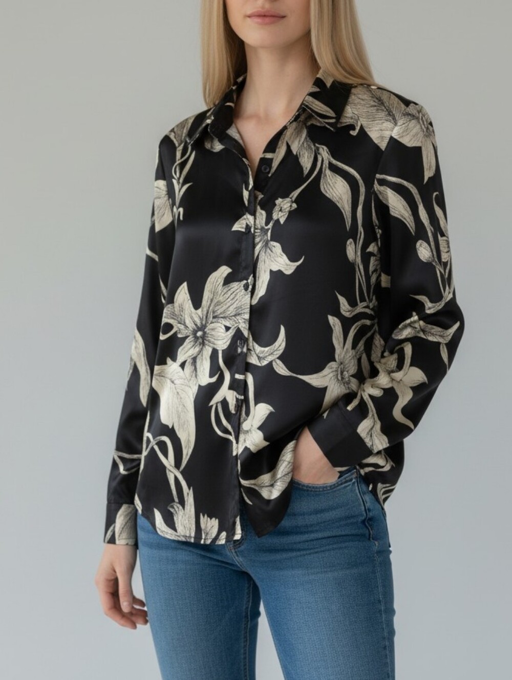 Lulus Floral Button-Down Shirt Womens S Black Cream Artsy Boho Retro 90s Y2K